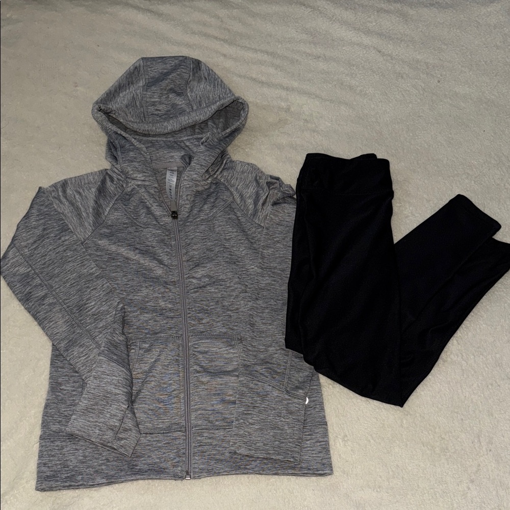90 degree Gray Zip-Up Hoodie and Black Leggings Set